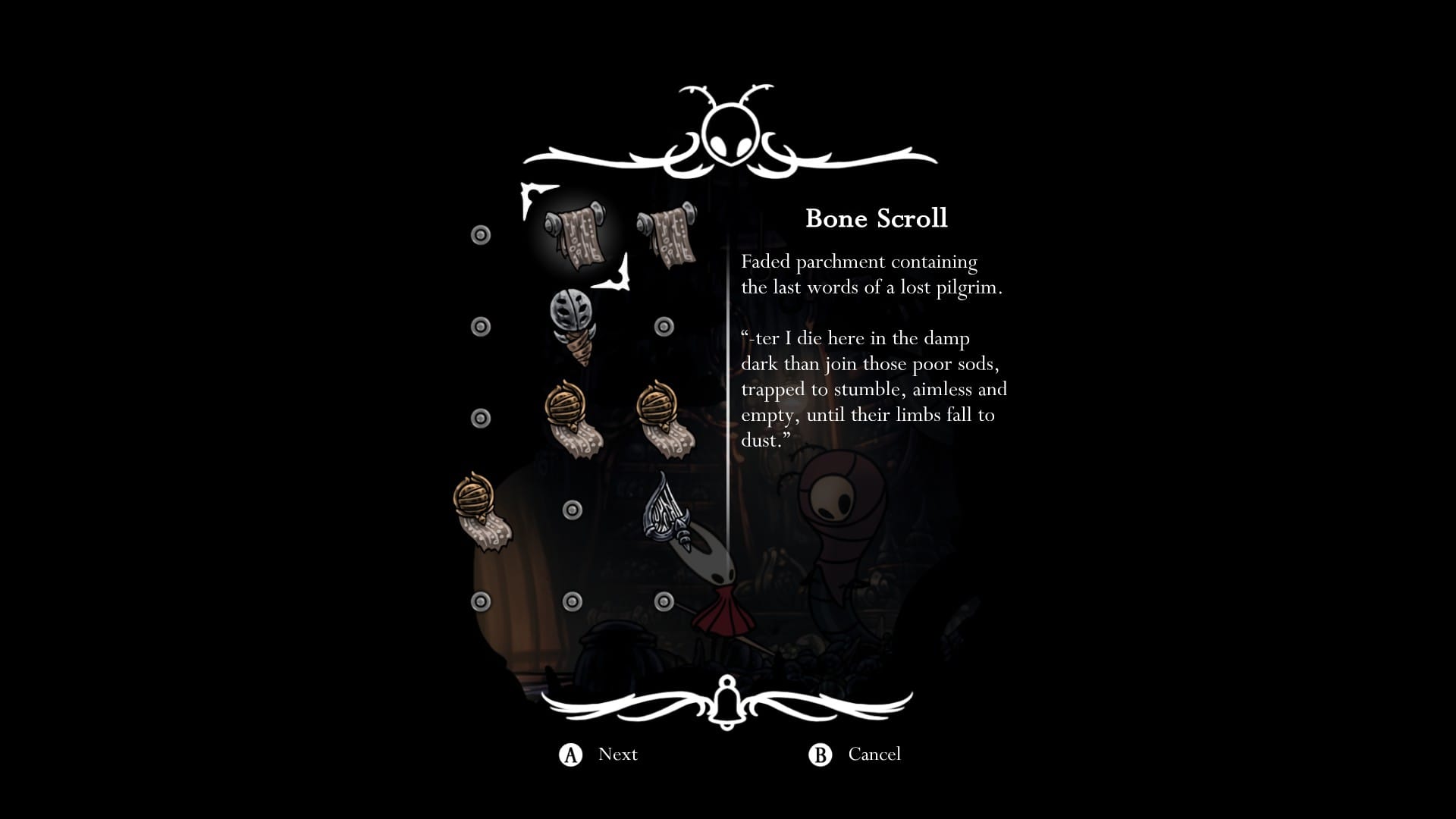 The relic seeker's inventory, showing lore from the various items you can give him