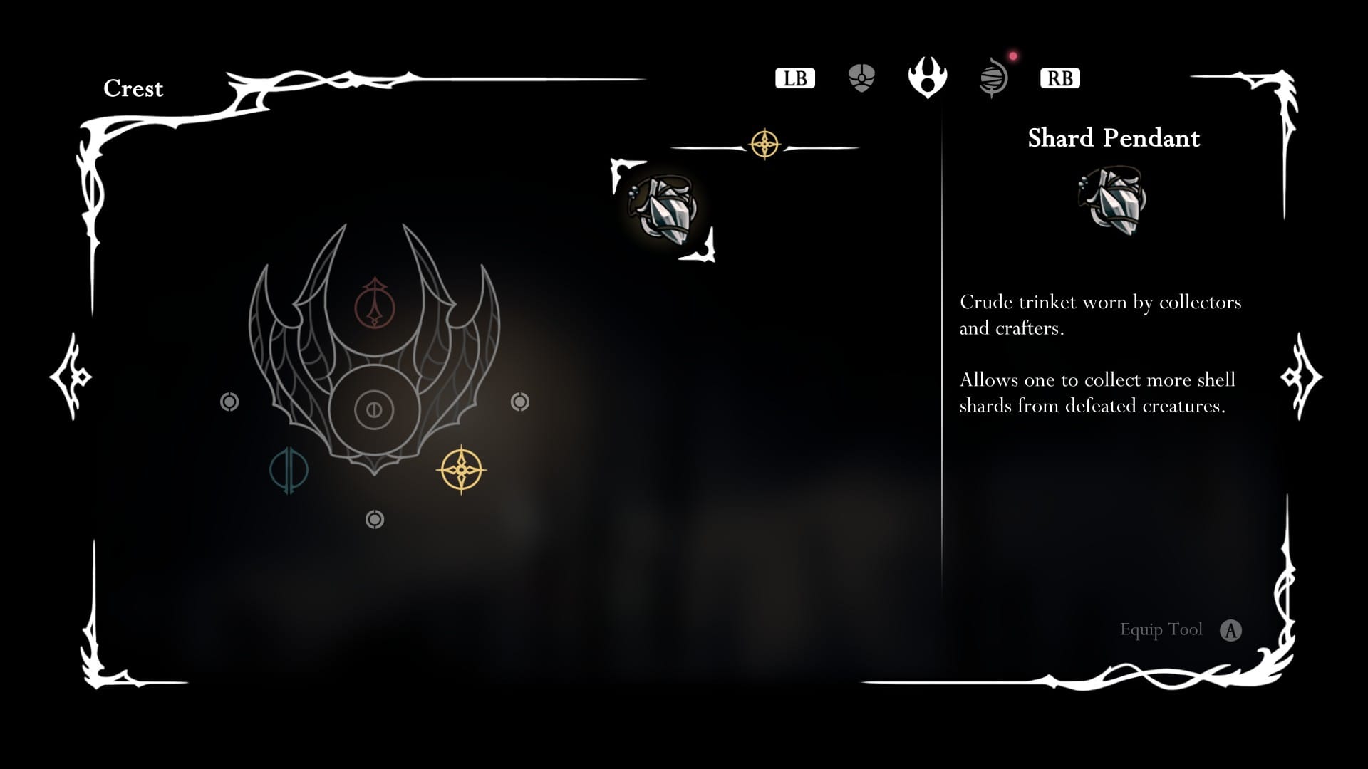 The crest menu, showing the hunter crest and the Shard Pendant tool.