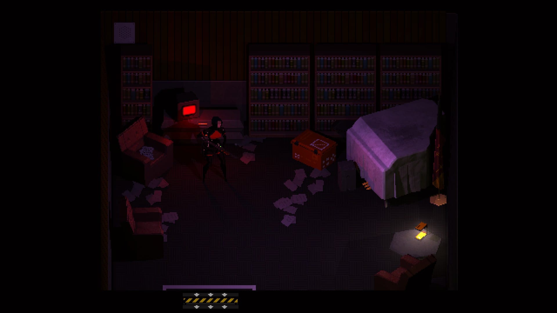 Elster standing next to a save point in one of the safe rooms. 
