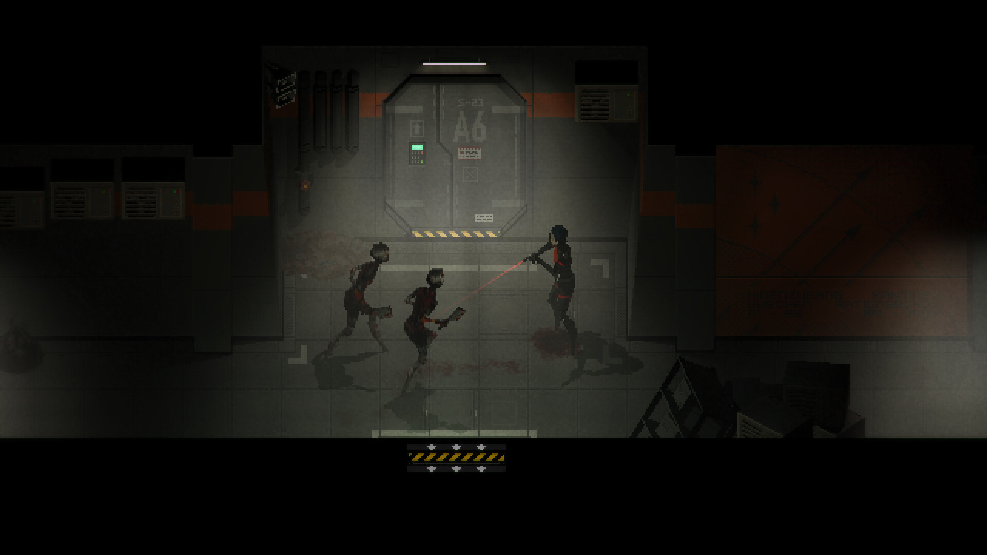 Elster fighting several of the enemies in close quarters with a pistol.