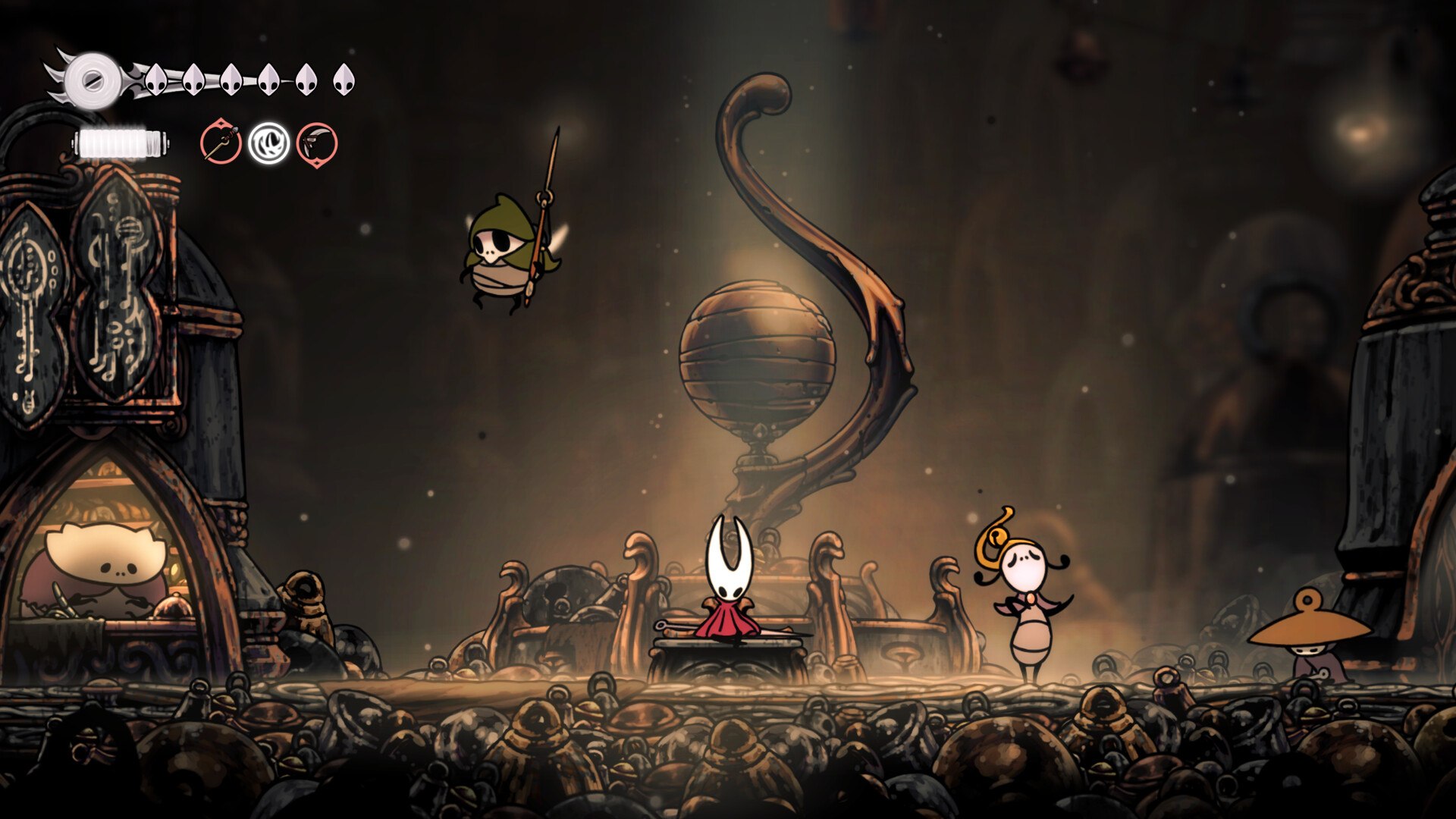Hornet sitting on the bench in Bellhart surrounded by NPCs
