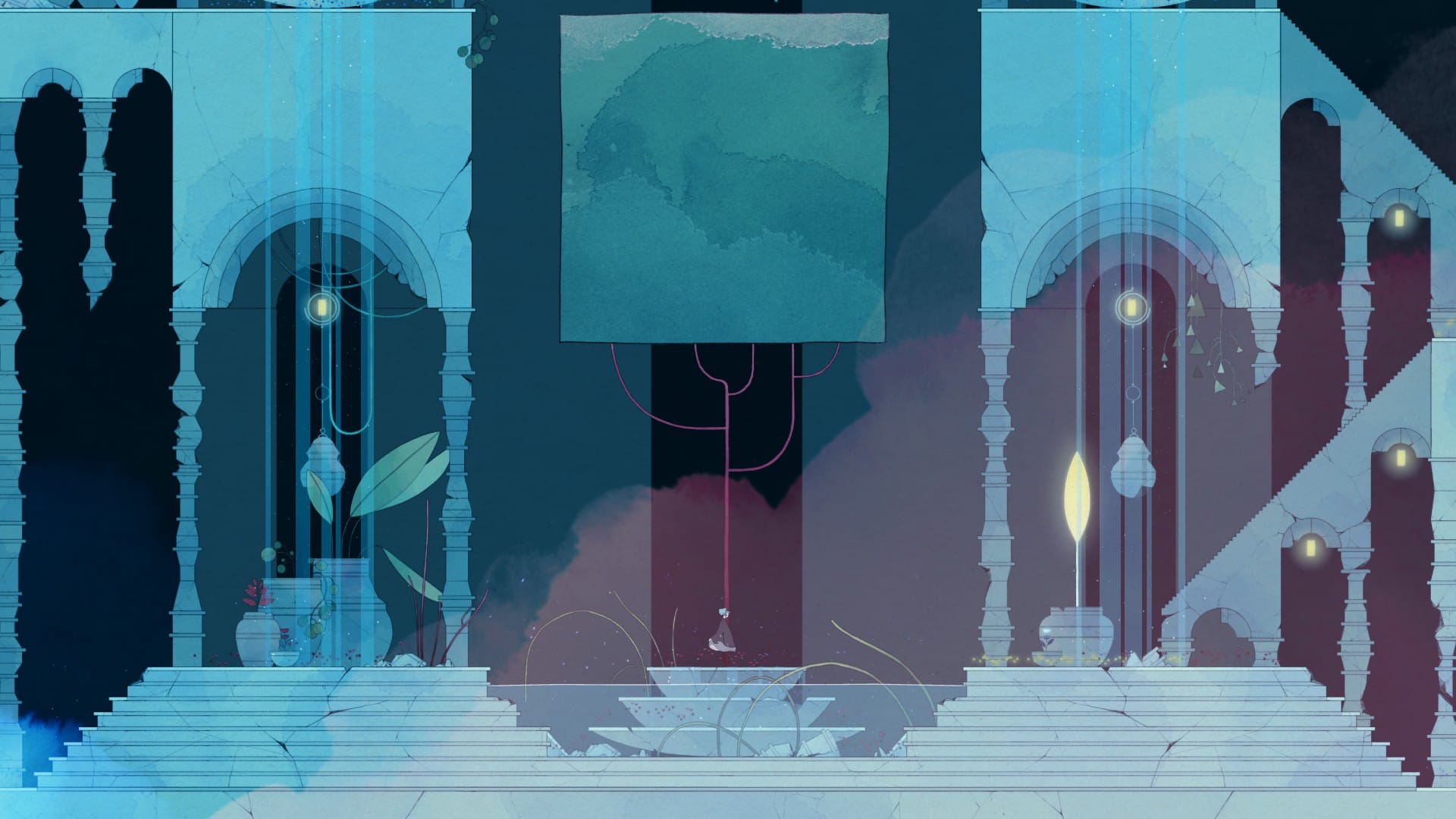 The stage design in Gris, once several colors have been returned, featuring the main hub area
