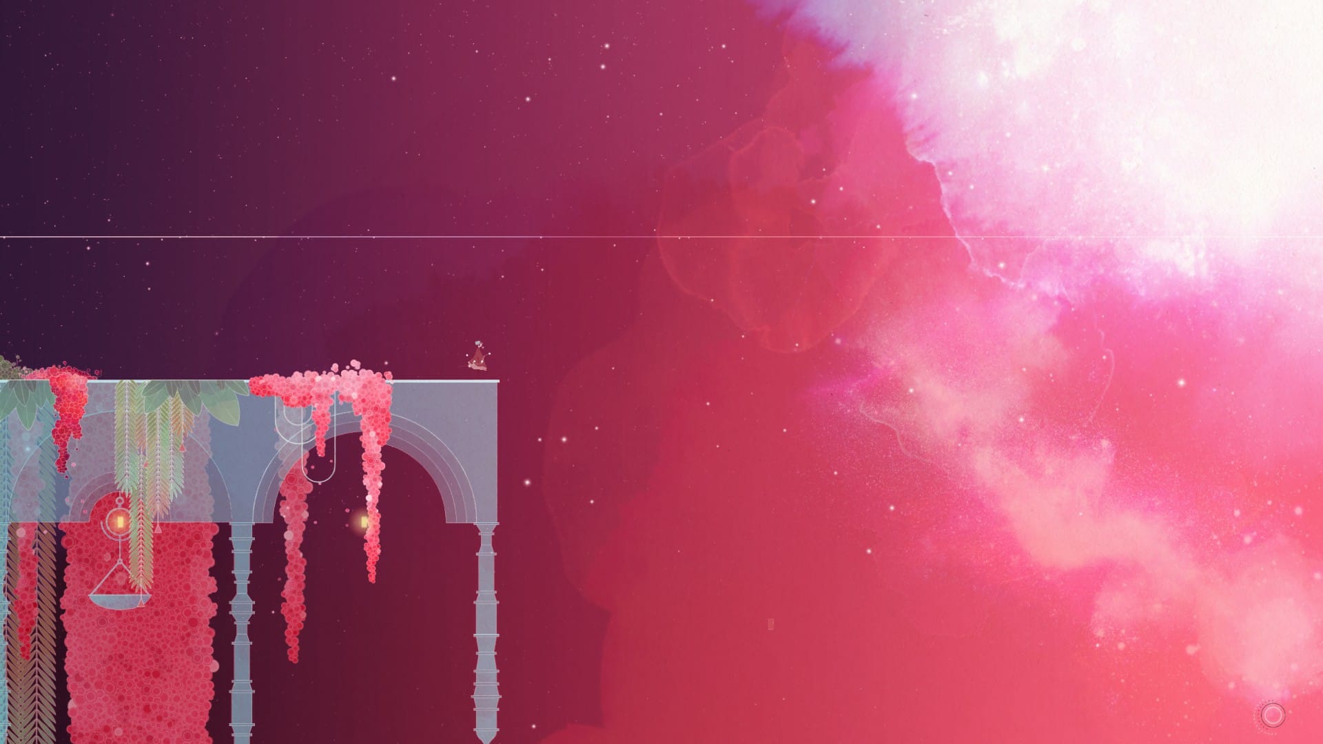 One of the later game sections in Gris, showing a colorful scene with red starry sky