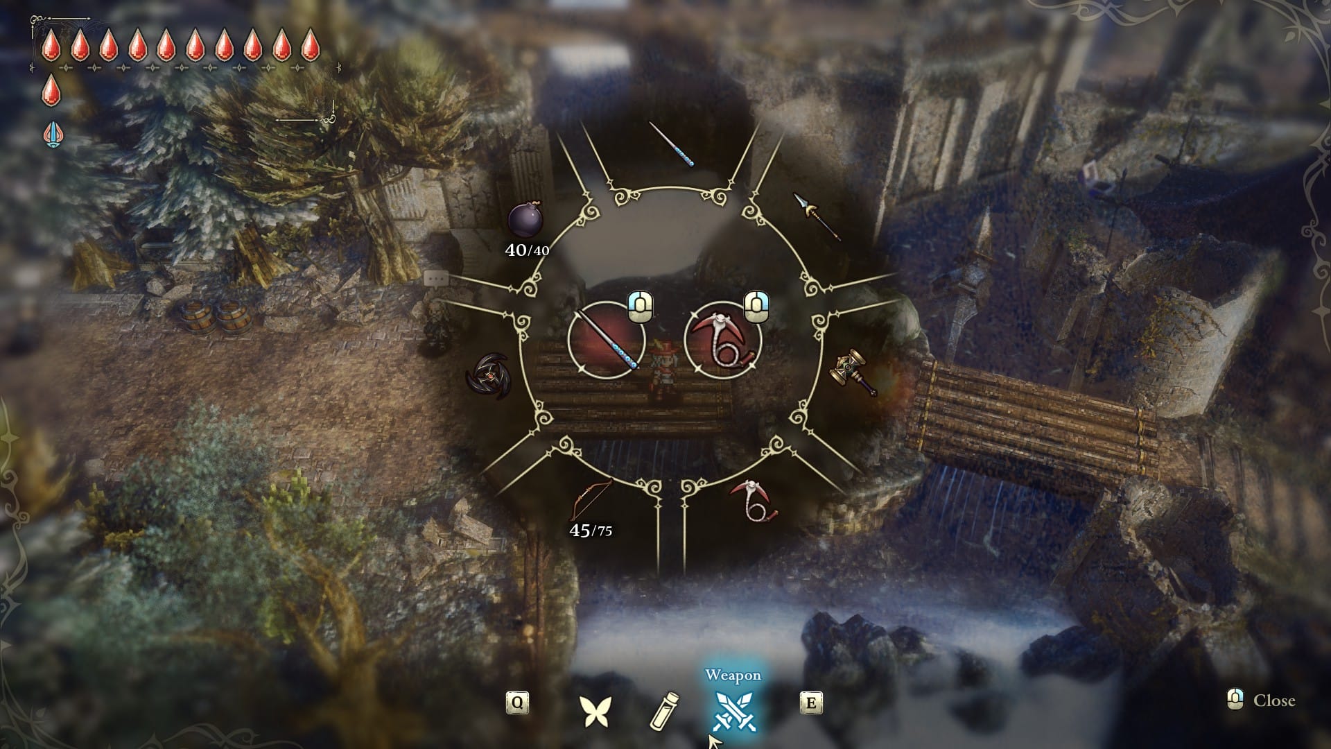 The weapon wheel, featuring 7 different weapons you can use