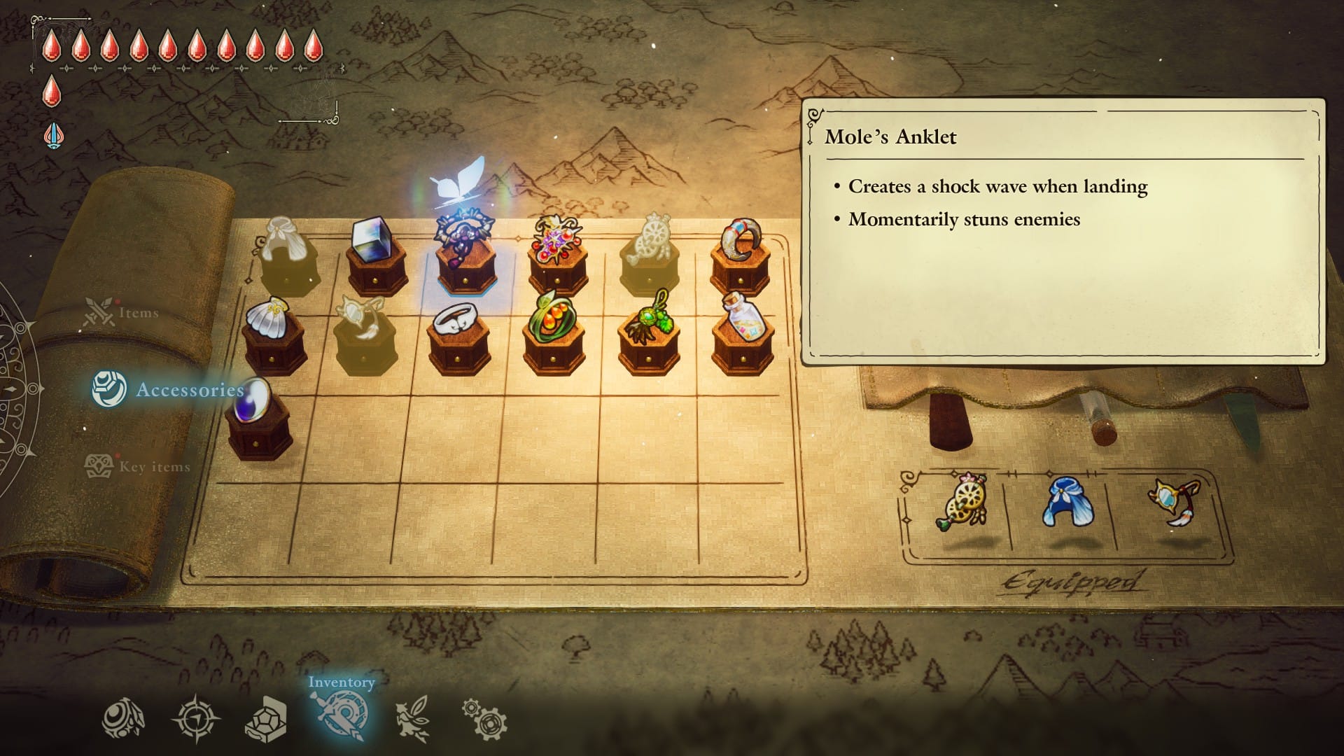 The equipment tab, featuring the Mole's Anklet accessory