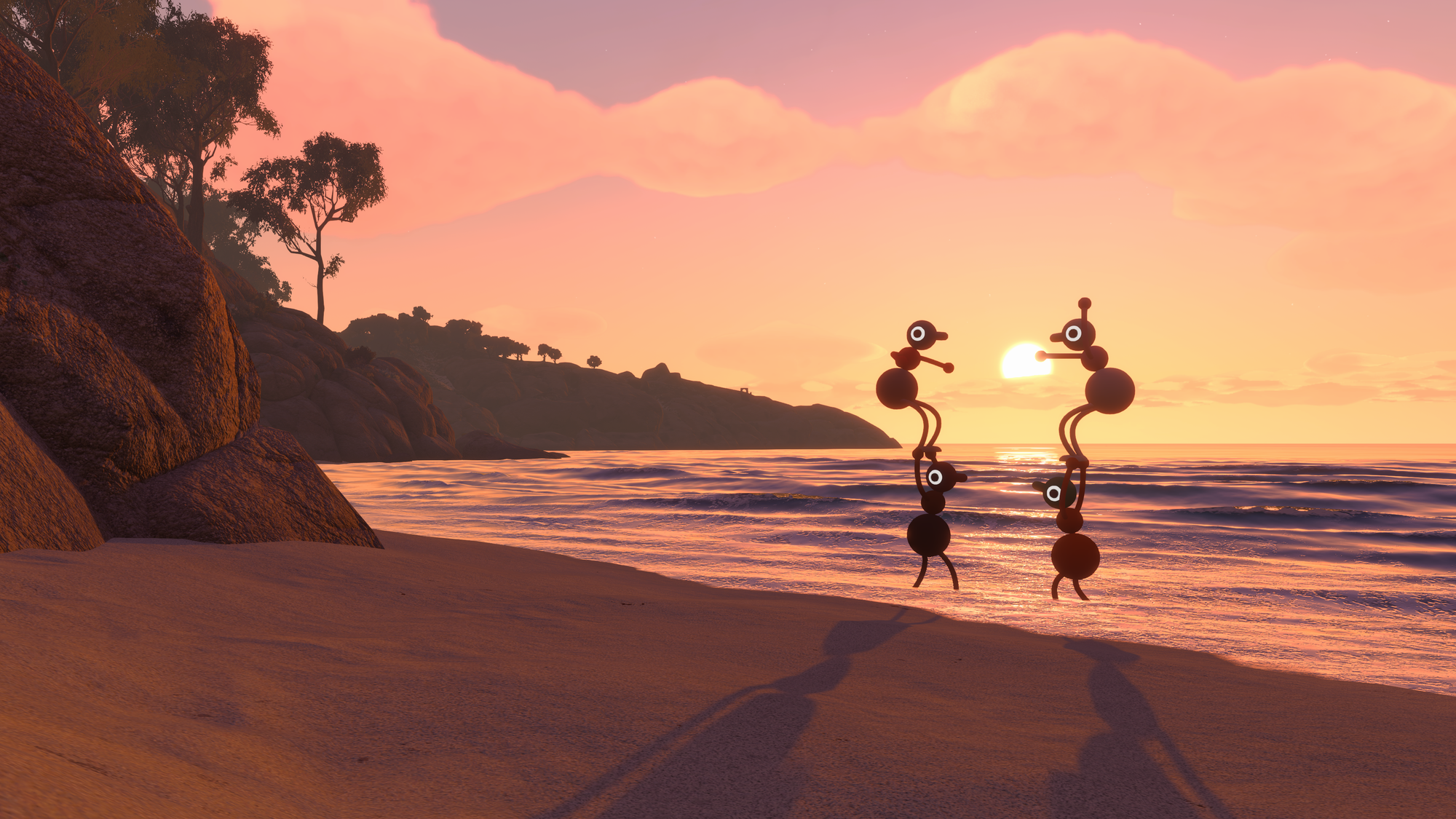 Players stacking on top of each other on the beach at sunset (from the press kit)
