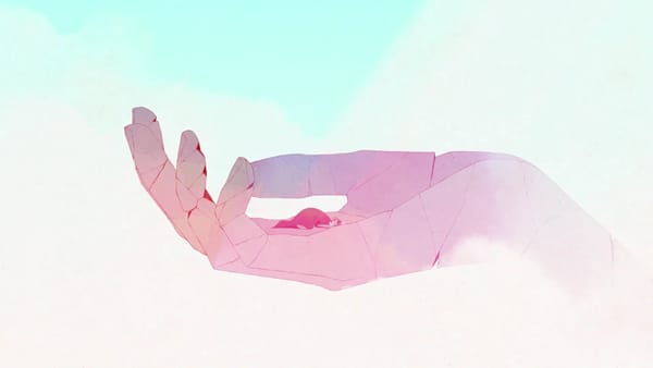 Screenshot from Gris' opening cutscene, showing your character on a cracked stone hand